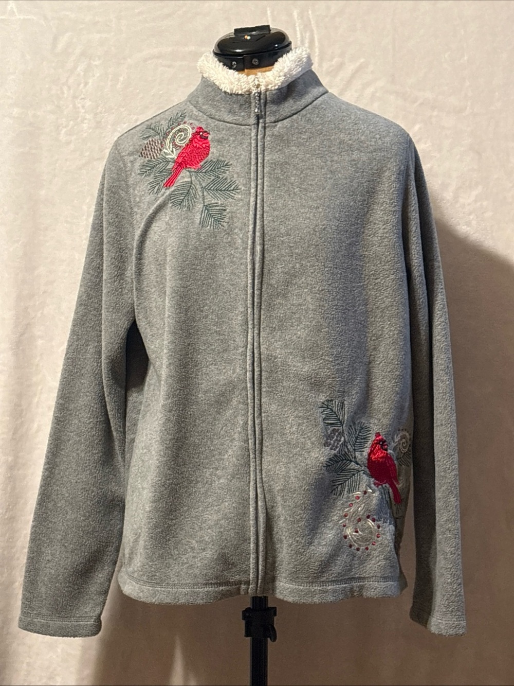 croft & barrow Gray Teddy Zip-Up Jacket with Red Cardinal Embroidery